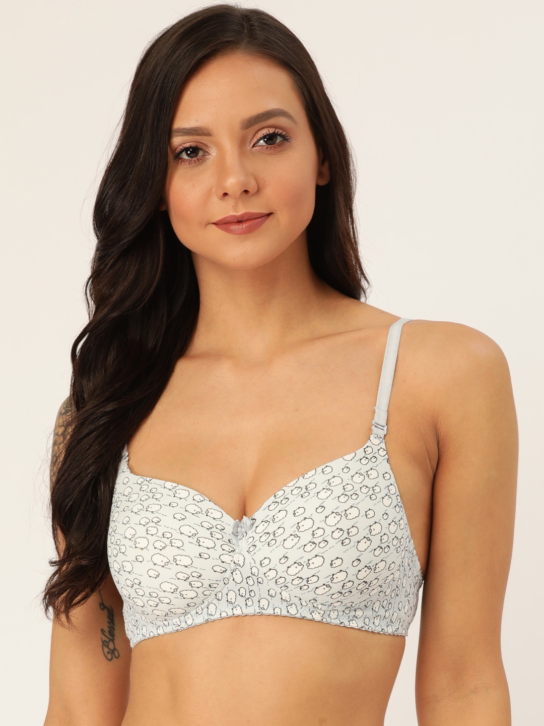 

Lady Lyka Grey & White Quirky Printed Non-Wired Lightly Padded T-shirt Bra NESTLE