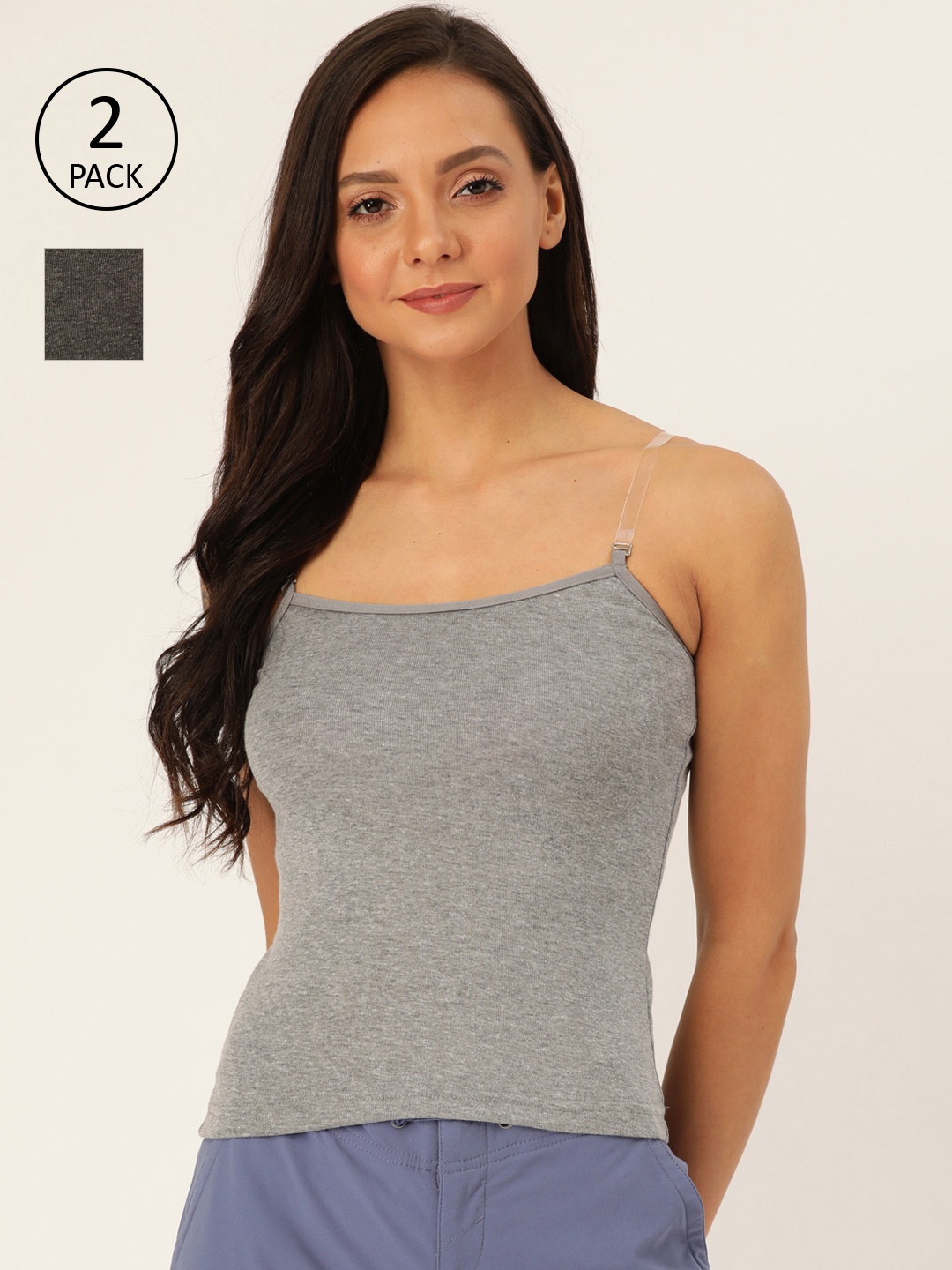 

Lady Lyka Women Pack of 2 Solid Transparent Straps Camisoles, Grey melange