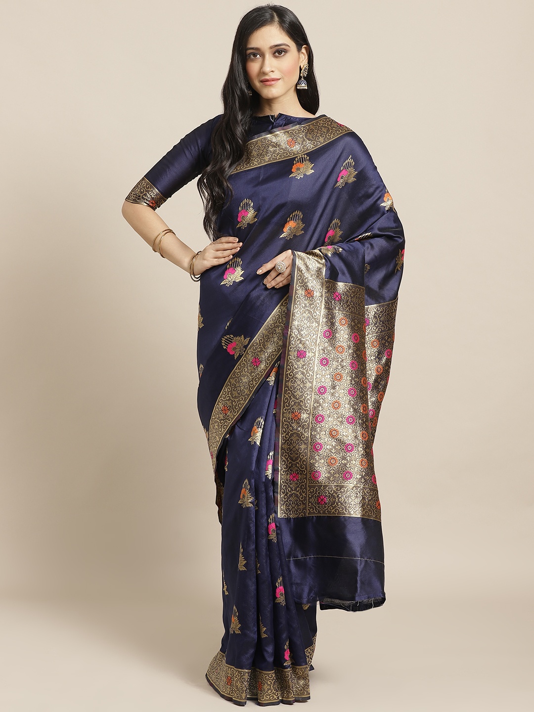 

Saree mall Navy Blue & Golden Woven Design Banarasi Saree