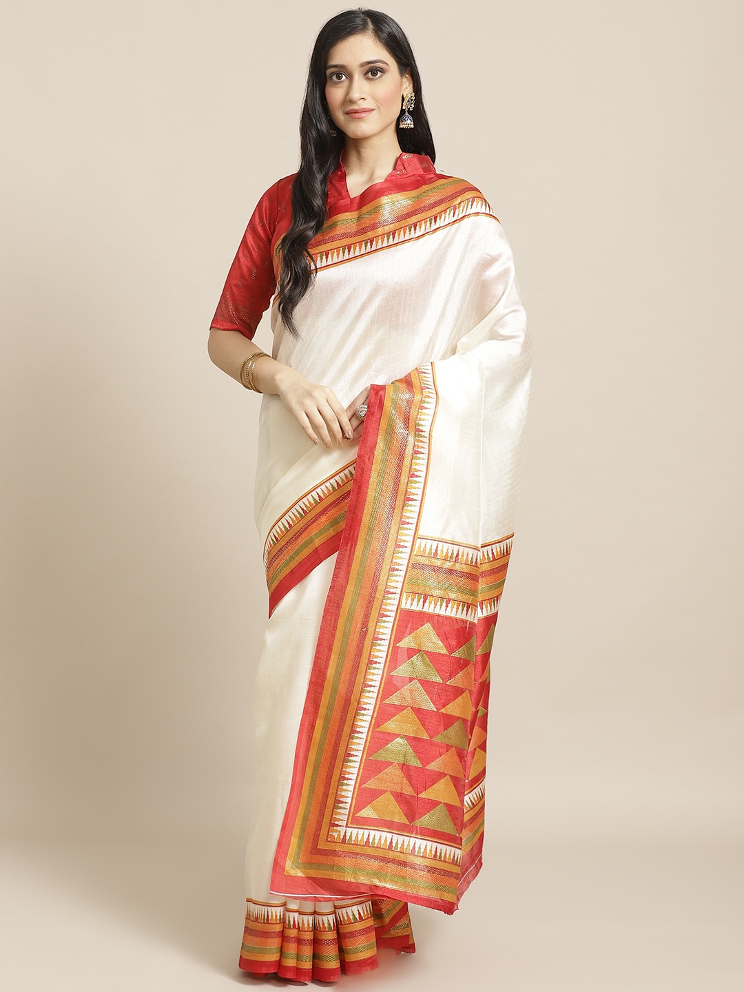 

Saree mall Cream-Coloured & Red Solid Banarasi Saree
