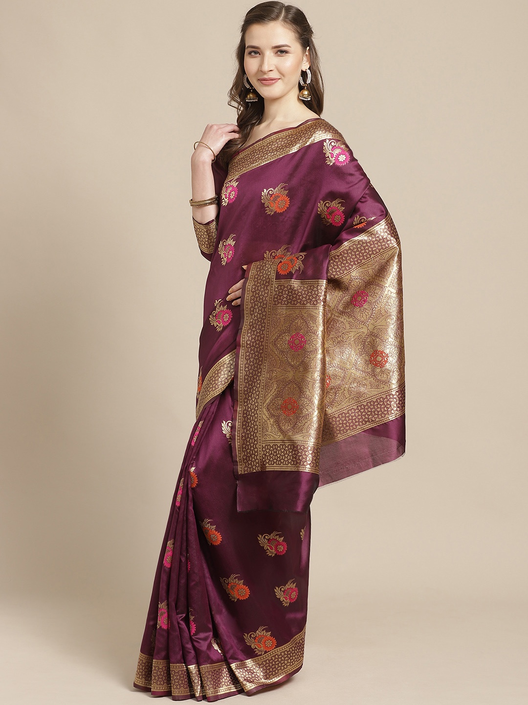 

Saree mall Burgundy & Golden Woven Design Banarasi Saree