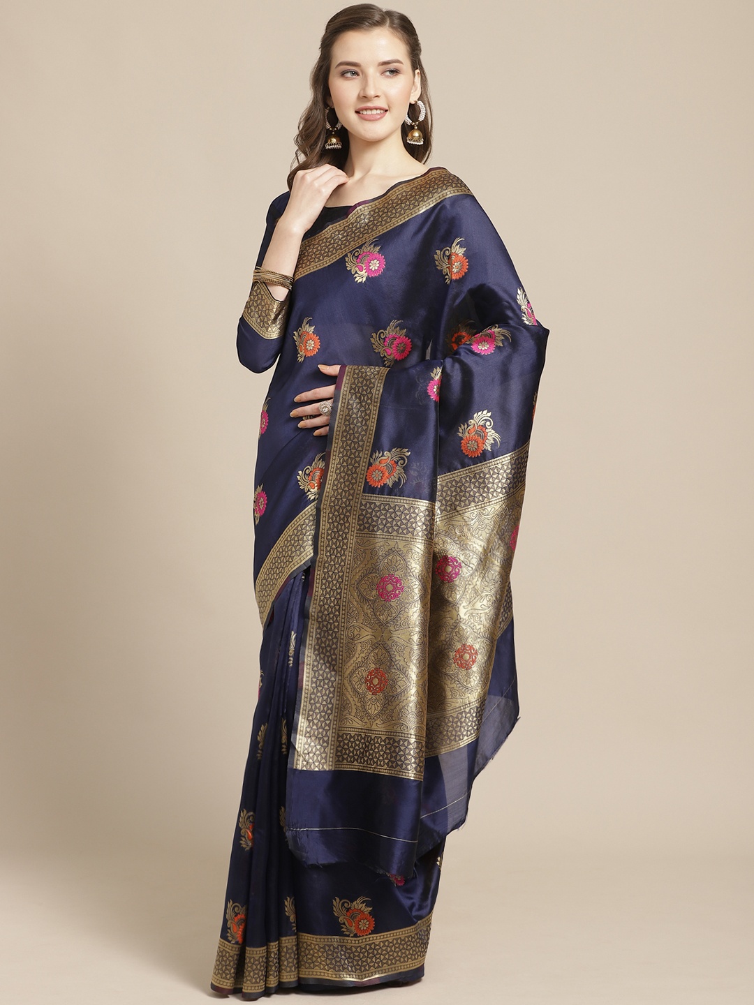 

Saree mall Navy Blue & Golden Woven Design Banarasi Saree