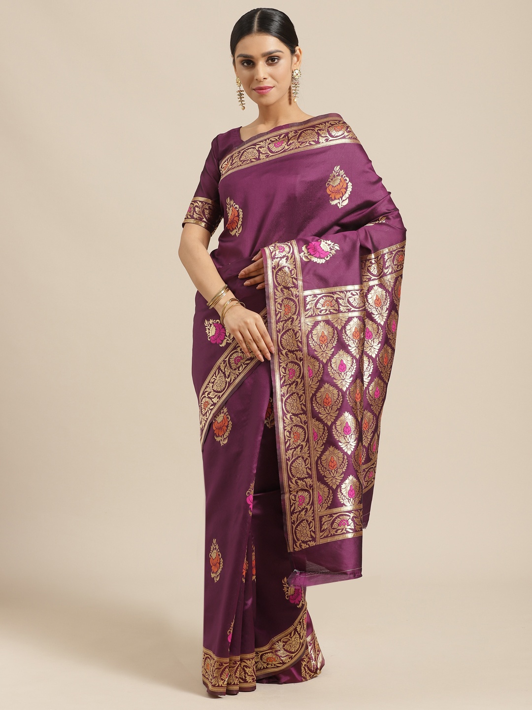 

Saree mall Purple & Golden Woven Design Banarasi Saree