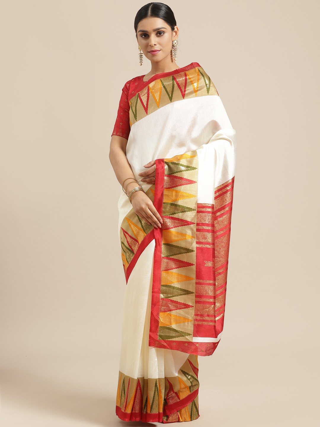 

Saree mall Off-White & Red Solid Banarasi Saree