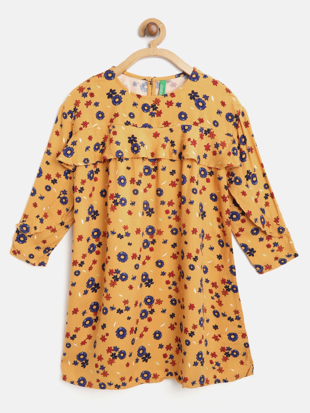 

United Colors of Benetton Girls Mustard Yellow & Blue Floral Print A-Line Dress