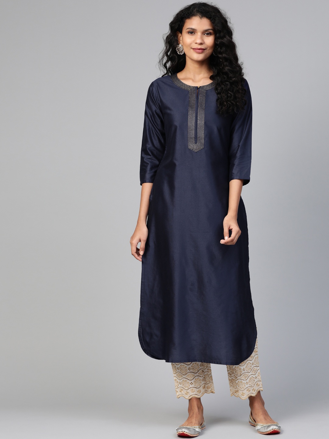 

Indo Era Women Navy Blue Zari Embroidered Detail Straight Kurta