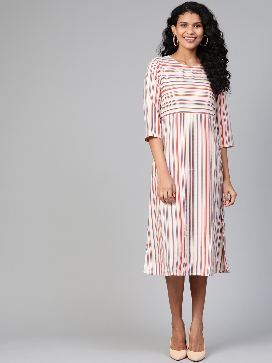 

Indo Era Women Cream-Coloured & Red Striped A-Line Dress