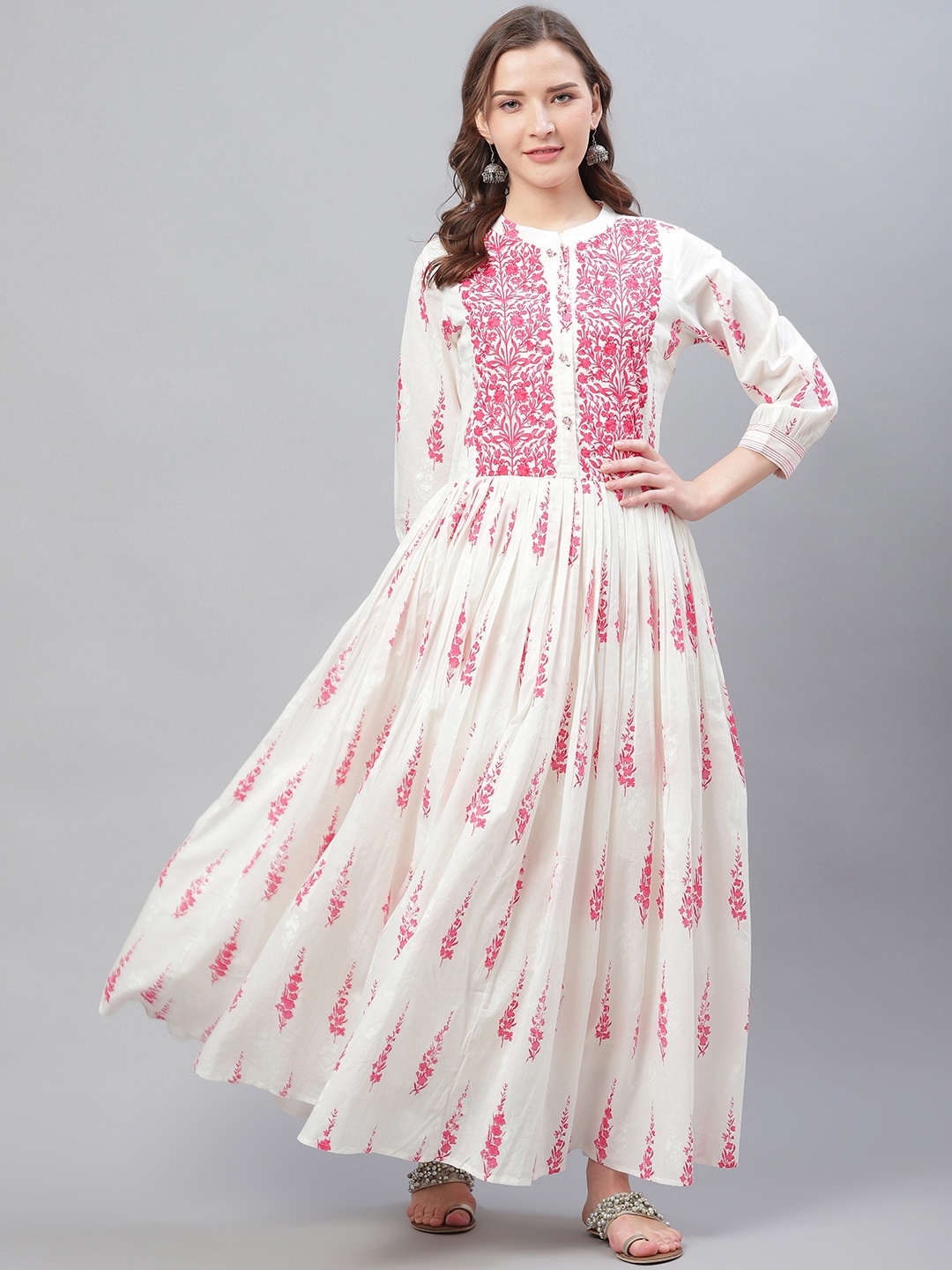 

AHIKA Women Off-White & Pink Floral Printed Anarkali Kurta