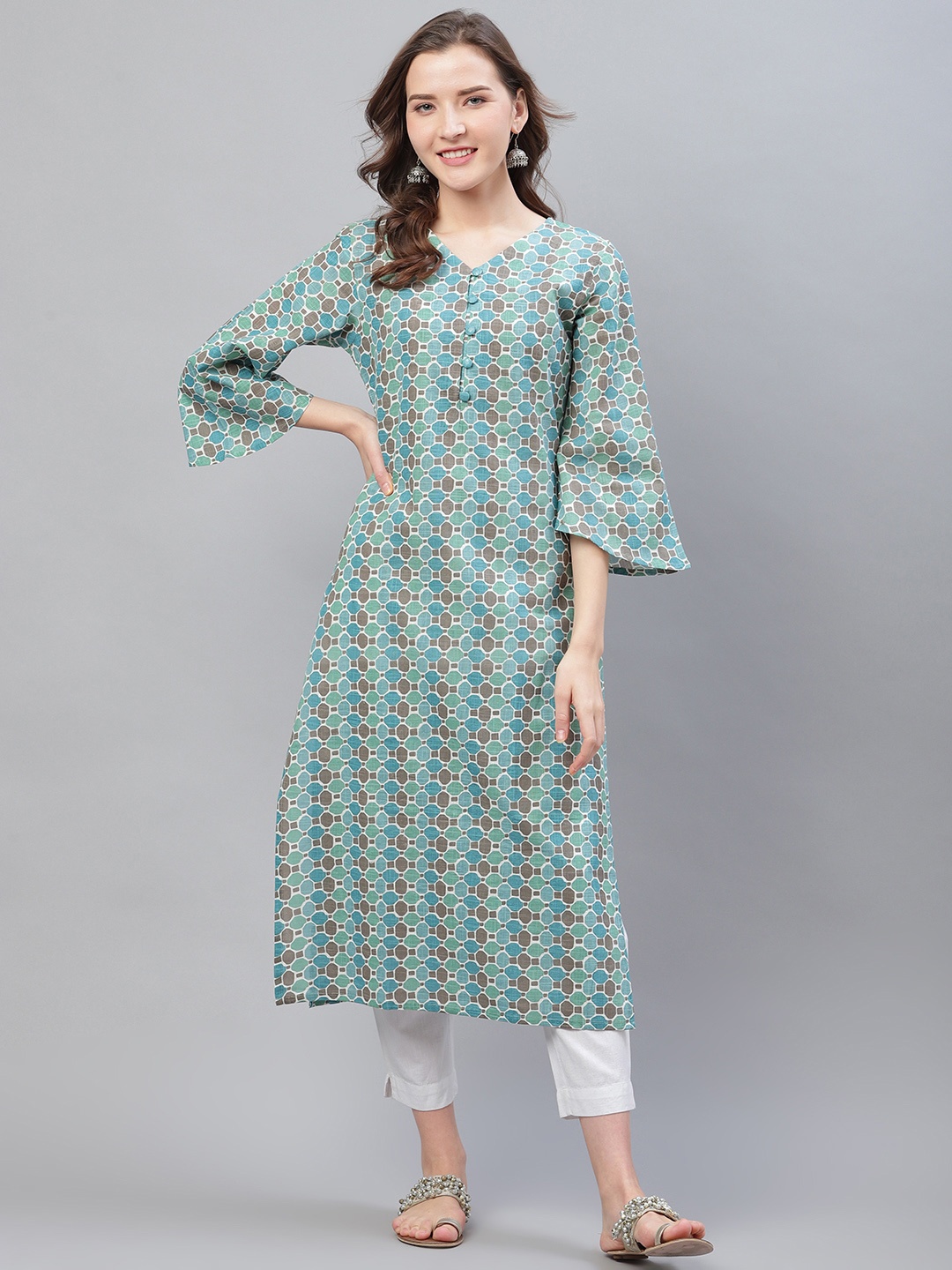 

AHIKA Women Green & Charcoal Grey Geometric Printed Straight Kurta