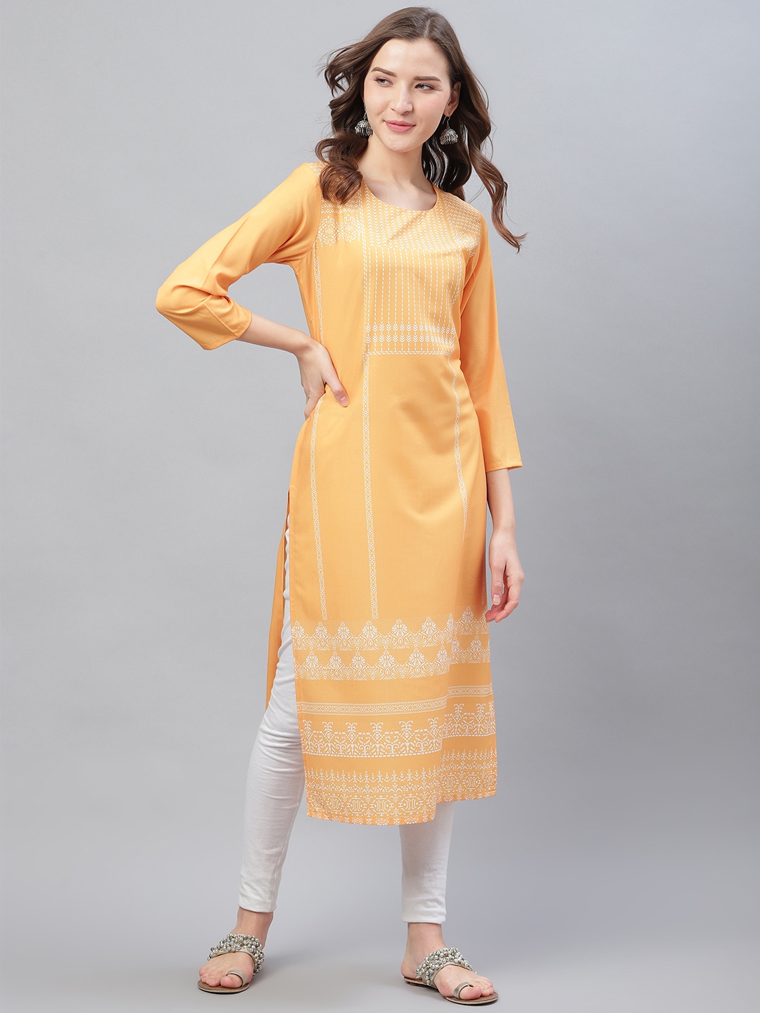 

AHIKA Women Yellow & White Ethnic Printed Straight Kurta