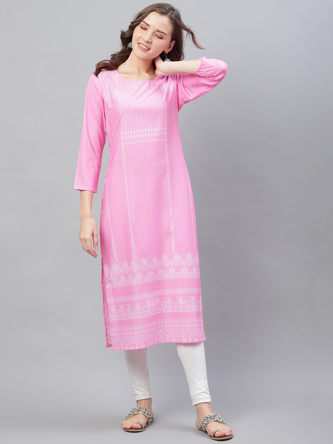 

AHIKA Women Pink & White Printed Straight Kurta