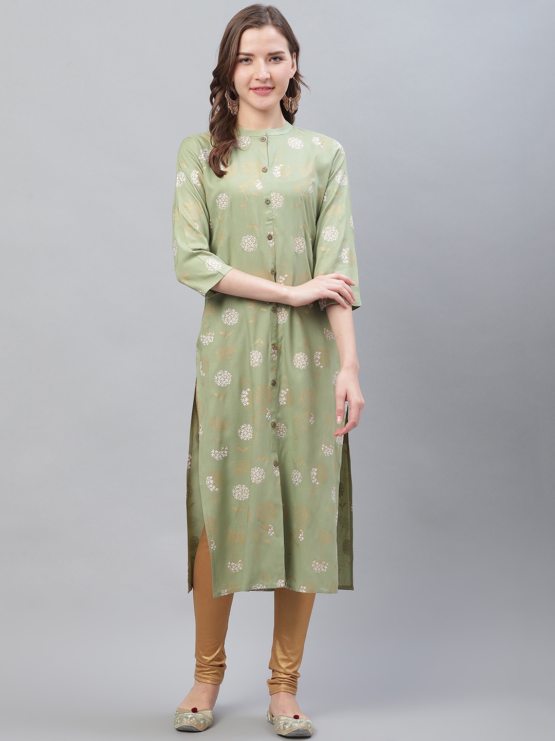 

AHIKA Women Green & White Floral Printed Straight Kurta