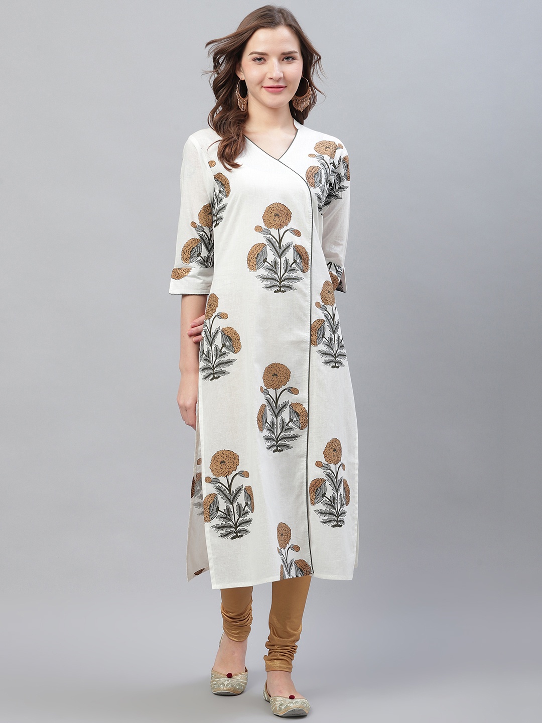 

AHIKA Women Off-White & Brown Floral Printed Straight Kurta