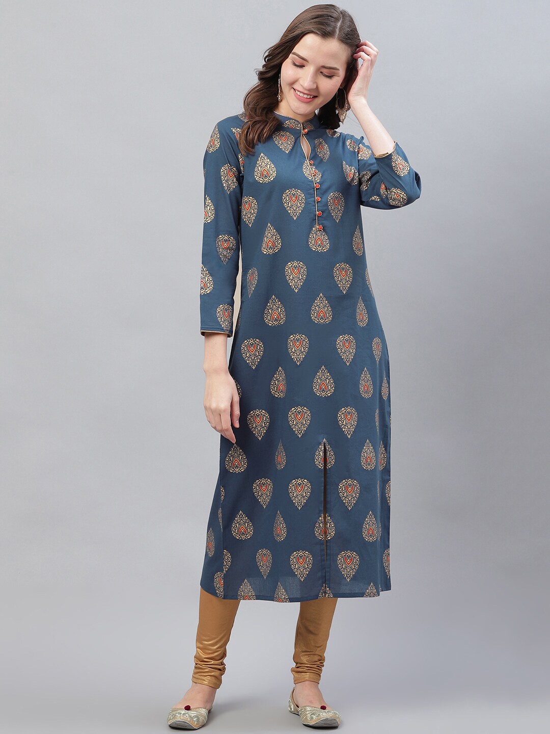 

AHIKA Women Navy Blue & Golden Ethnic Printed Straight Kurta