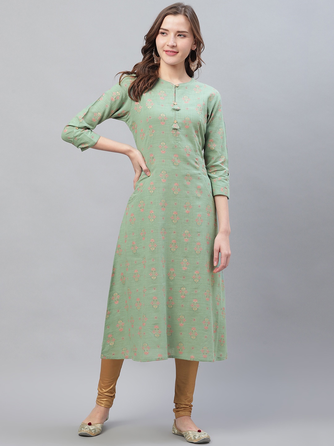 

AHIKA Women Green & Pink Ethnic Printed A-Line Kurta