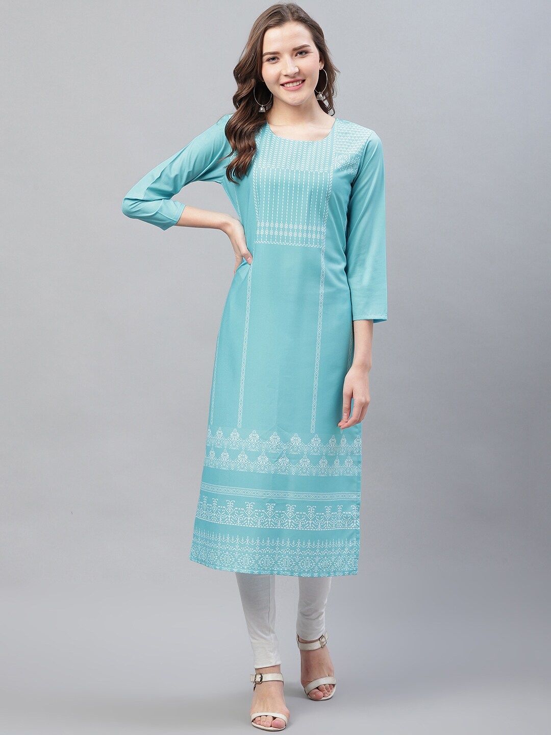 

AHIKA Women Blue & White Ethnic Printed Straight Kurta