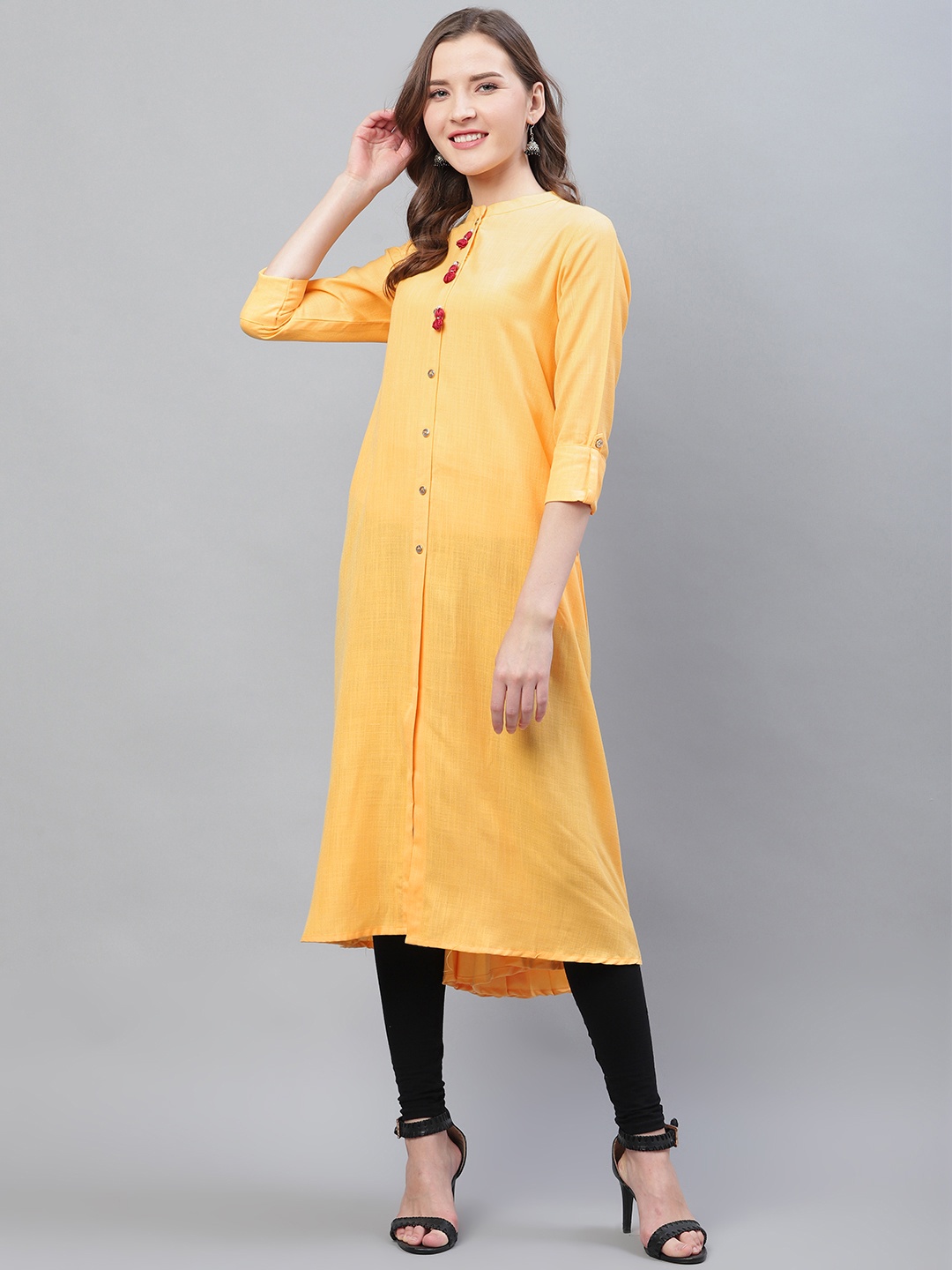 

AHIKA Women Yellow Solid High-Low Accordion Pleated A-Line Kurta