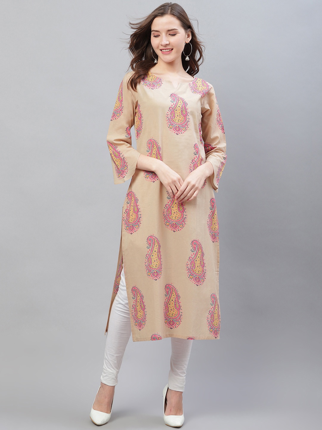 

AHIKA Women Beige & Mustard Yellow Paisley Printed Straight Kurta