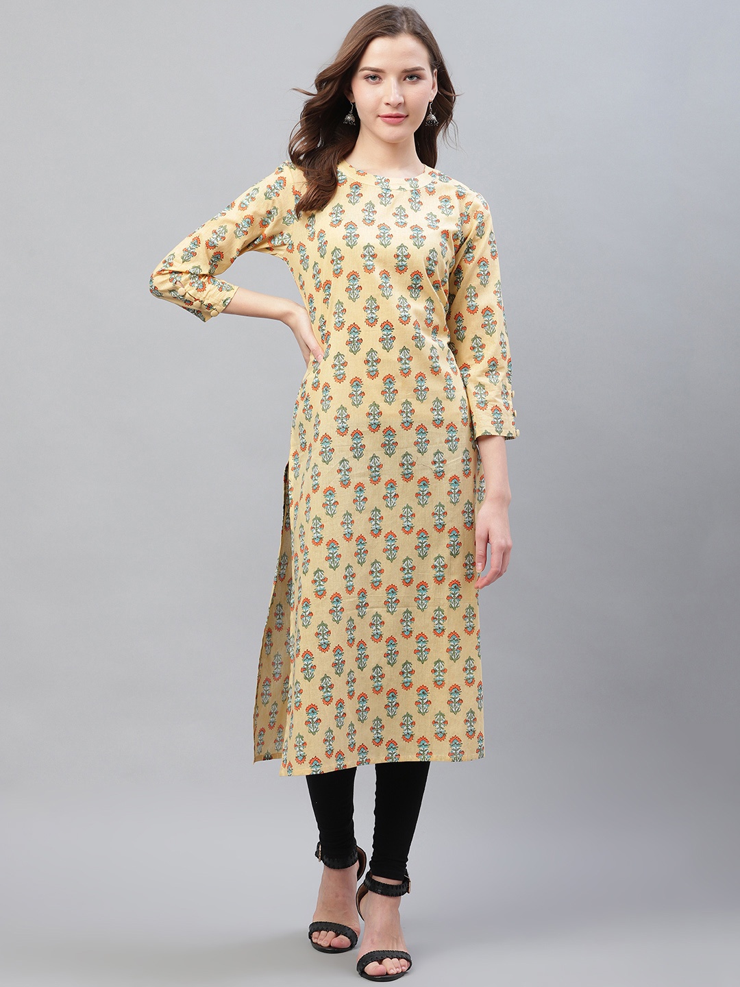 

AHIKA Women Beige & Blue Printed Straight Kurta