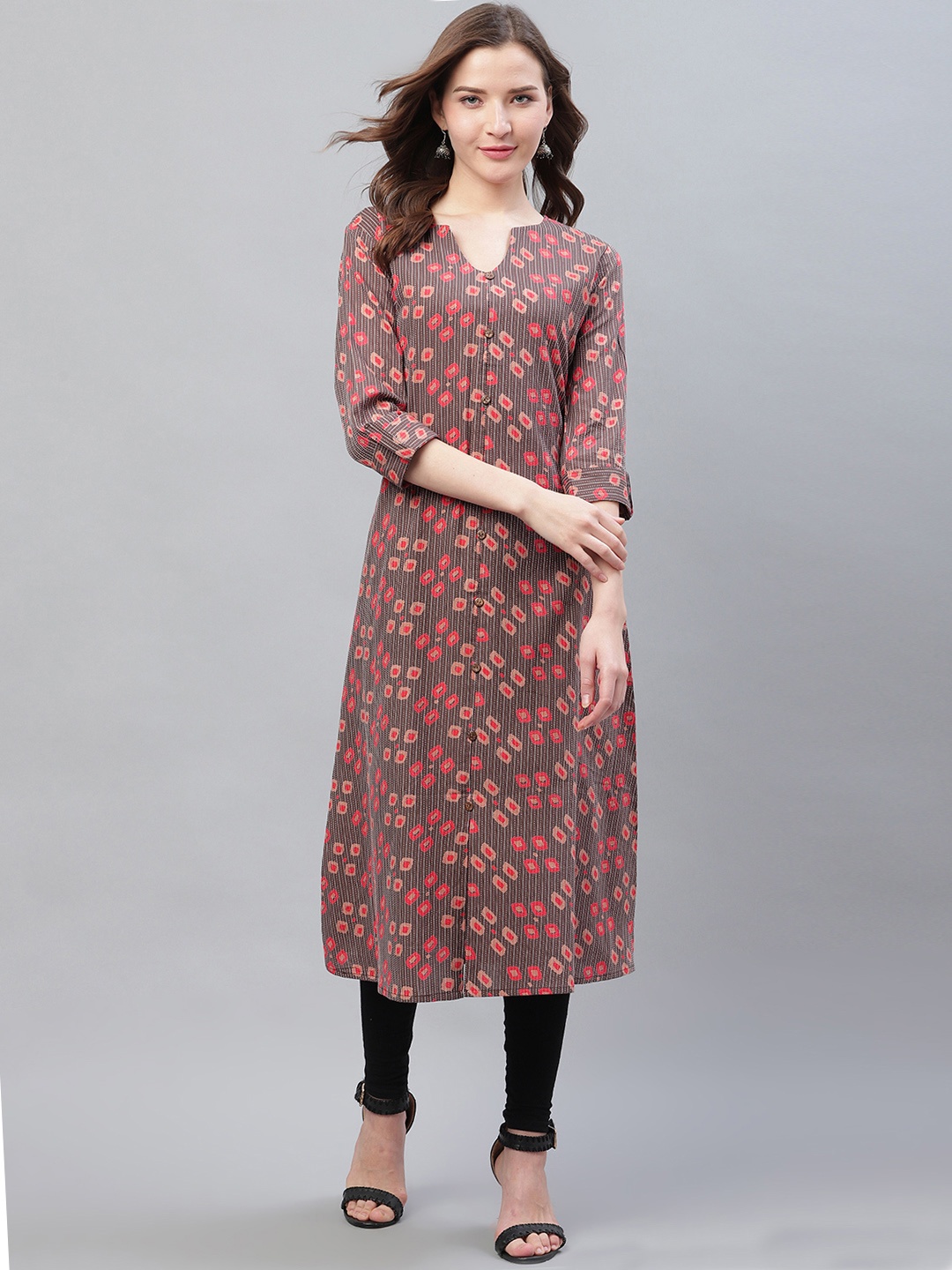 

AHIKA Women Taupe & Peach-Coloured Printed A-Line Kurta