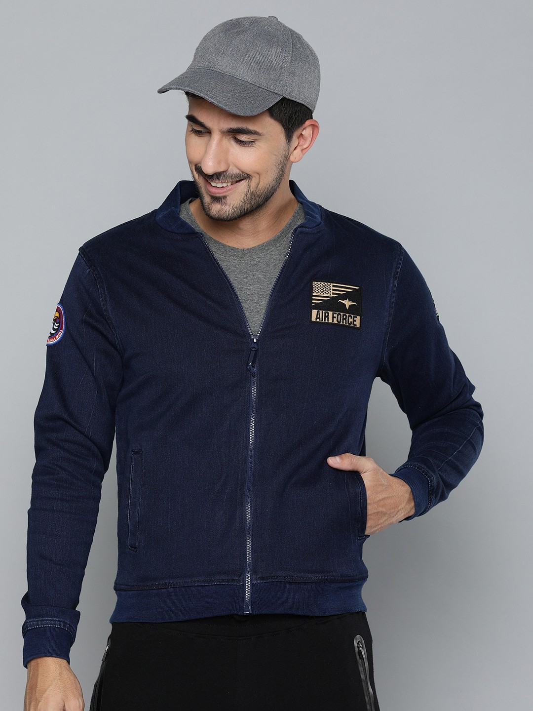 

HERE&NOW Men Blue Solid Bomber Jacket with Applique