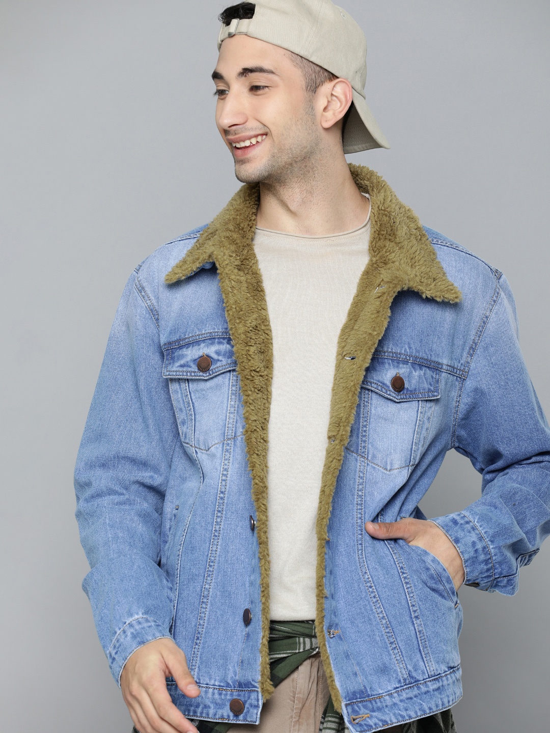 

HERE&NOW Men Blue Washed Denim Faux Fur Trim Jacket