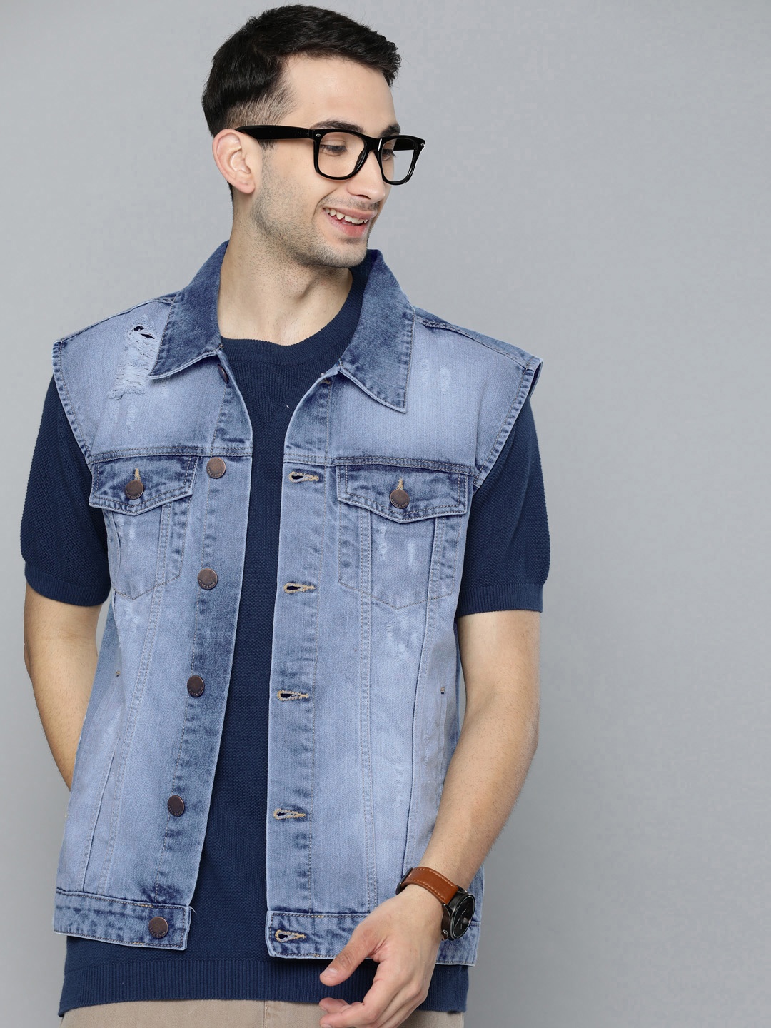 

HERE&NOW Men Blue Washed Denim Sleeveless Jacket