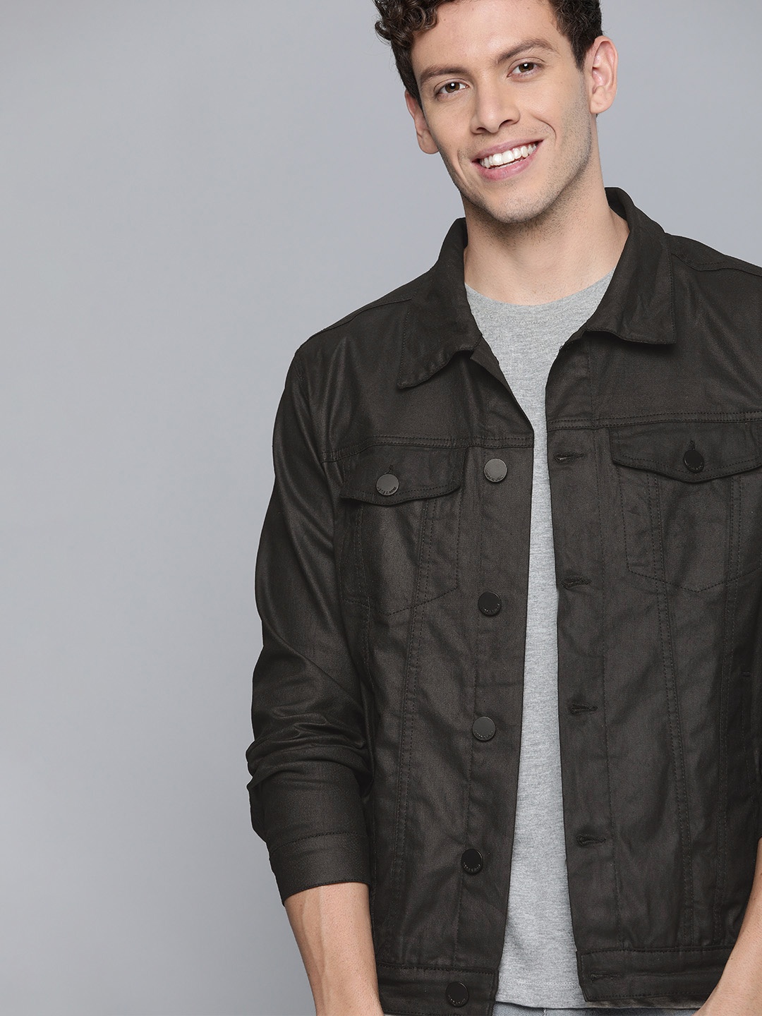 

HERE&NOW Men Black Solid Denim Jacket