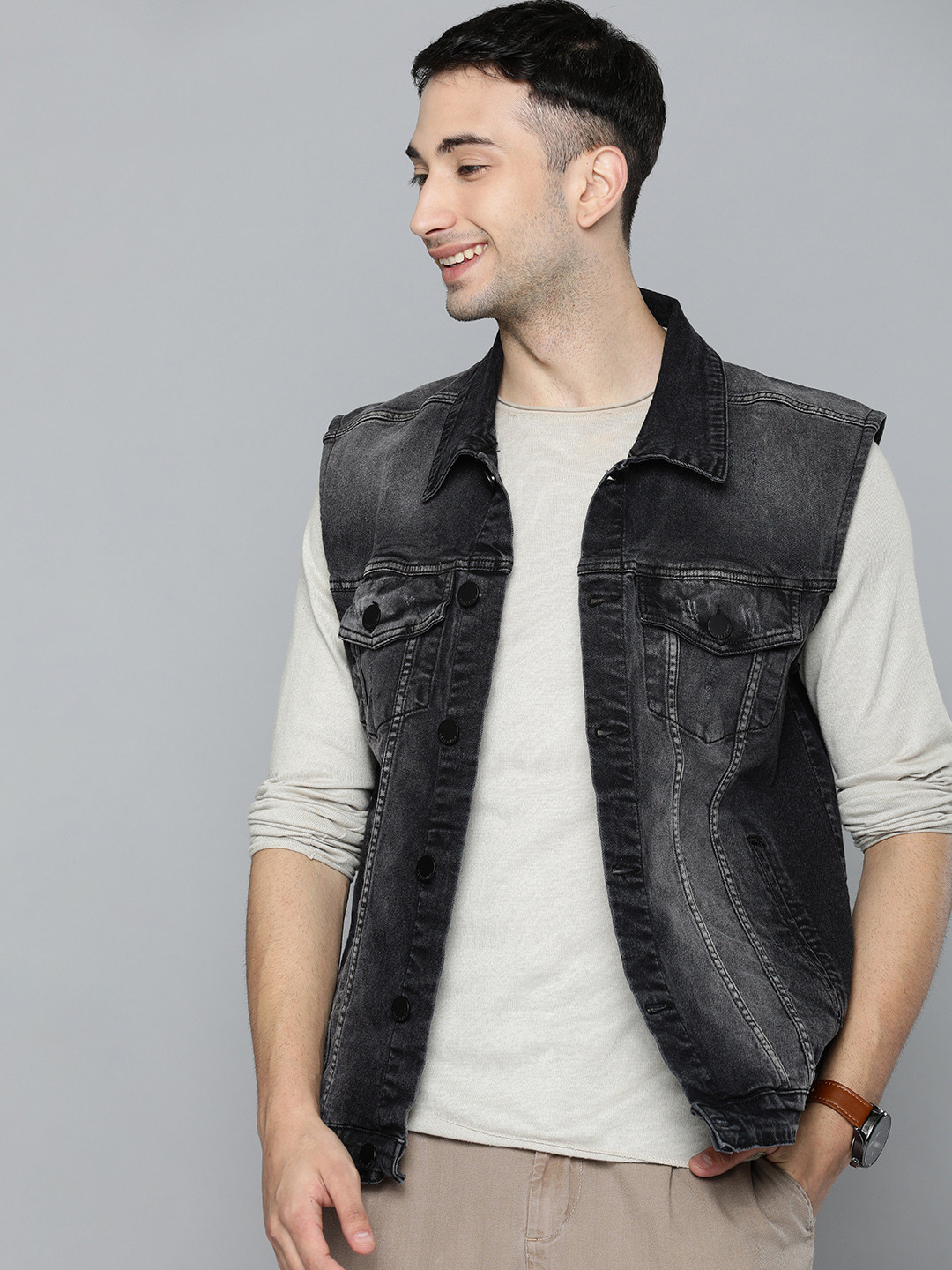

HERE&NOW Men Black Solid Denim Jacket
