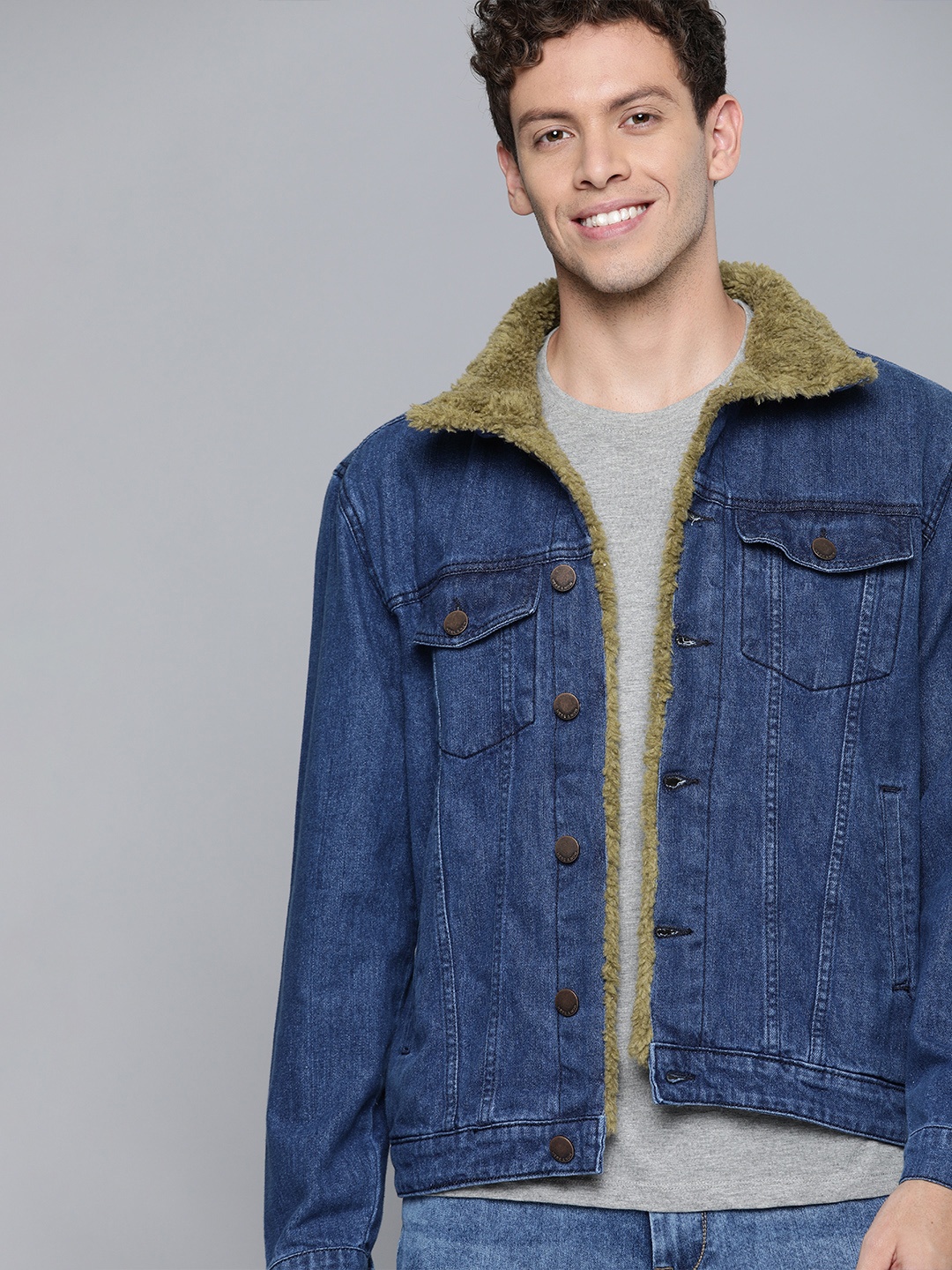 

HERE&NOW Men Blue Solid Denim Jacket with Faux Fur Detail