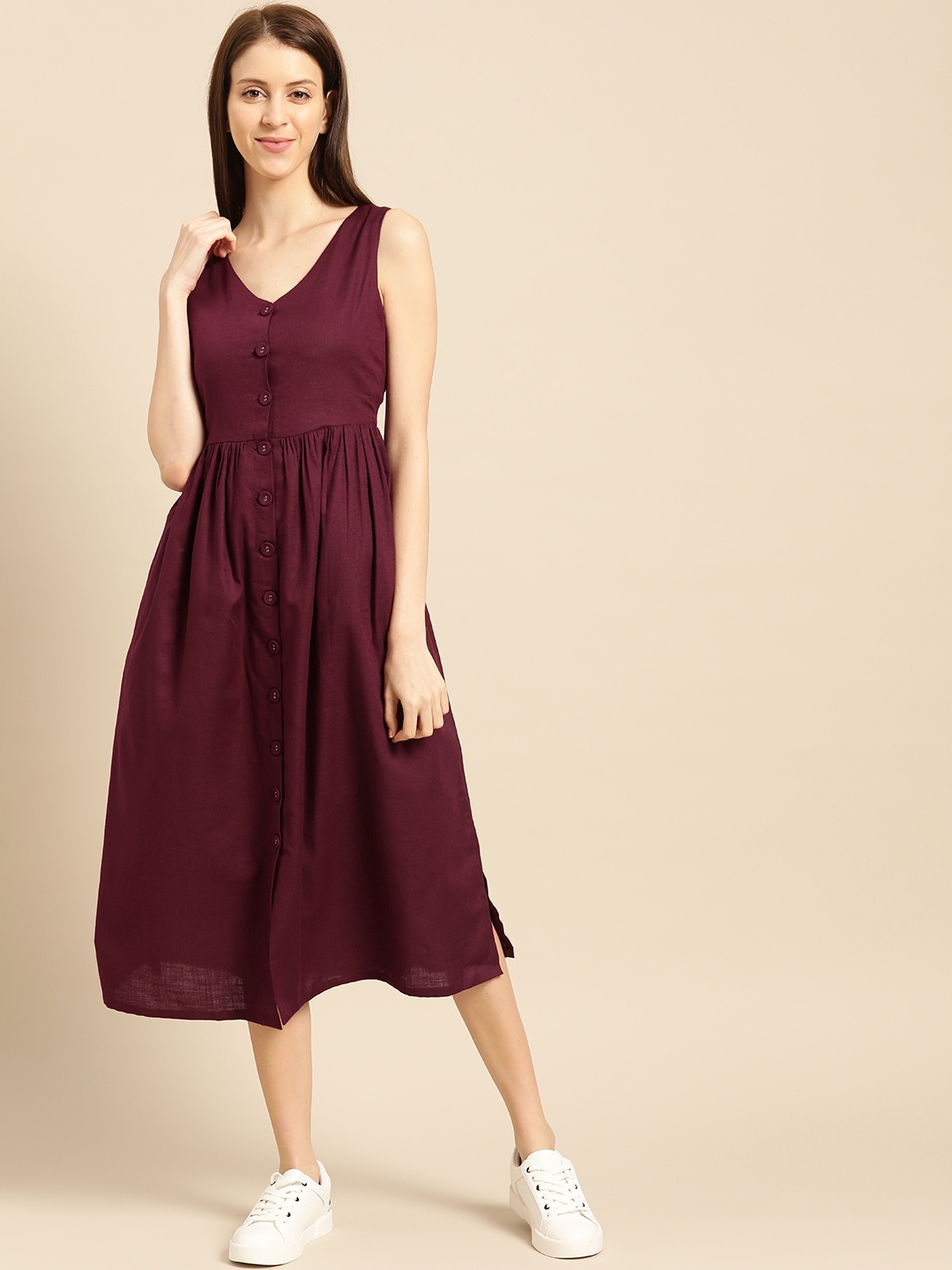 

ether Women Burgundy Solid A-Line Dress