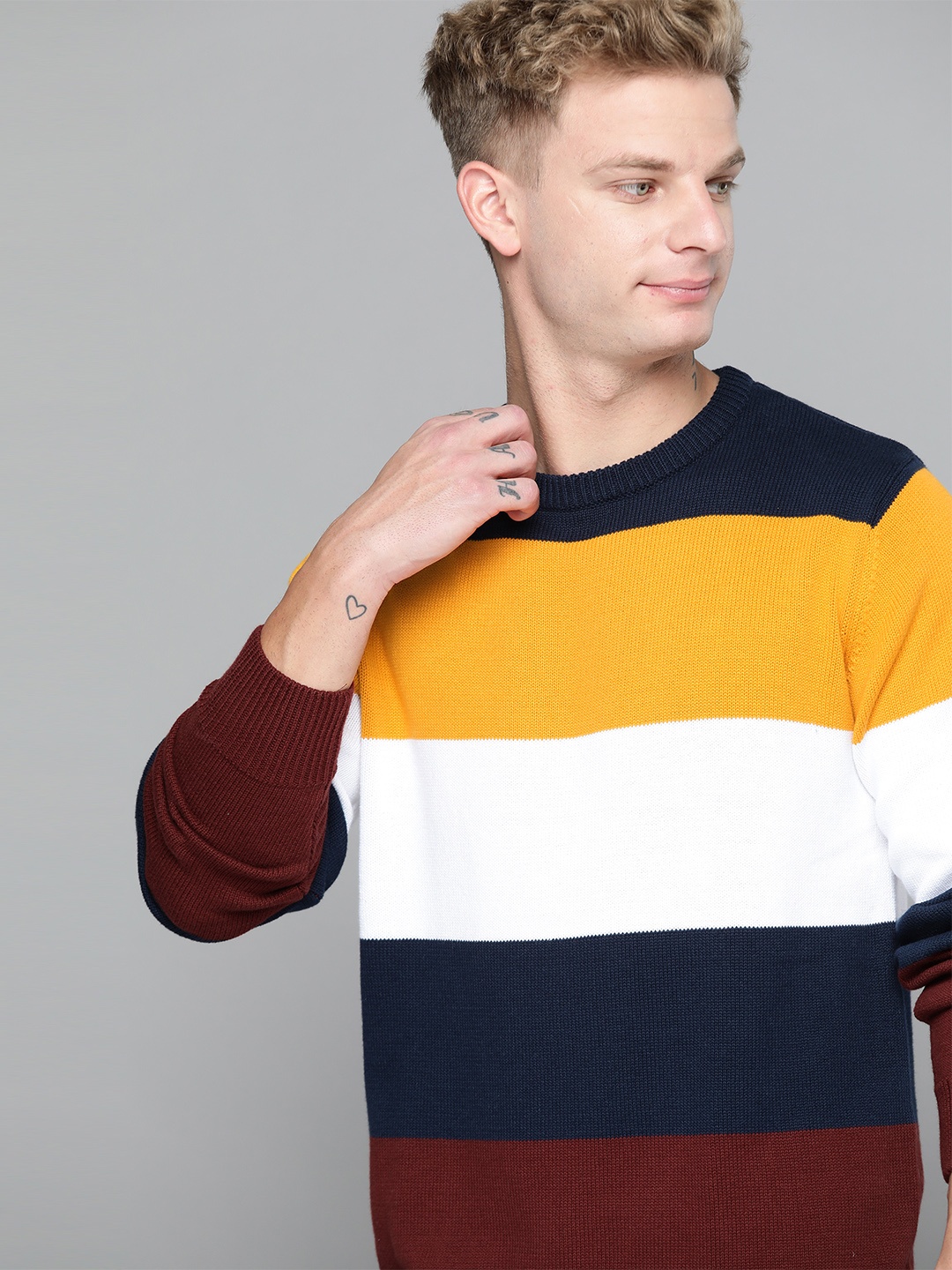 

Mast & Harbour Maroon & Mustard Yellow Striped Pullover Sweater