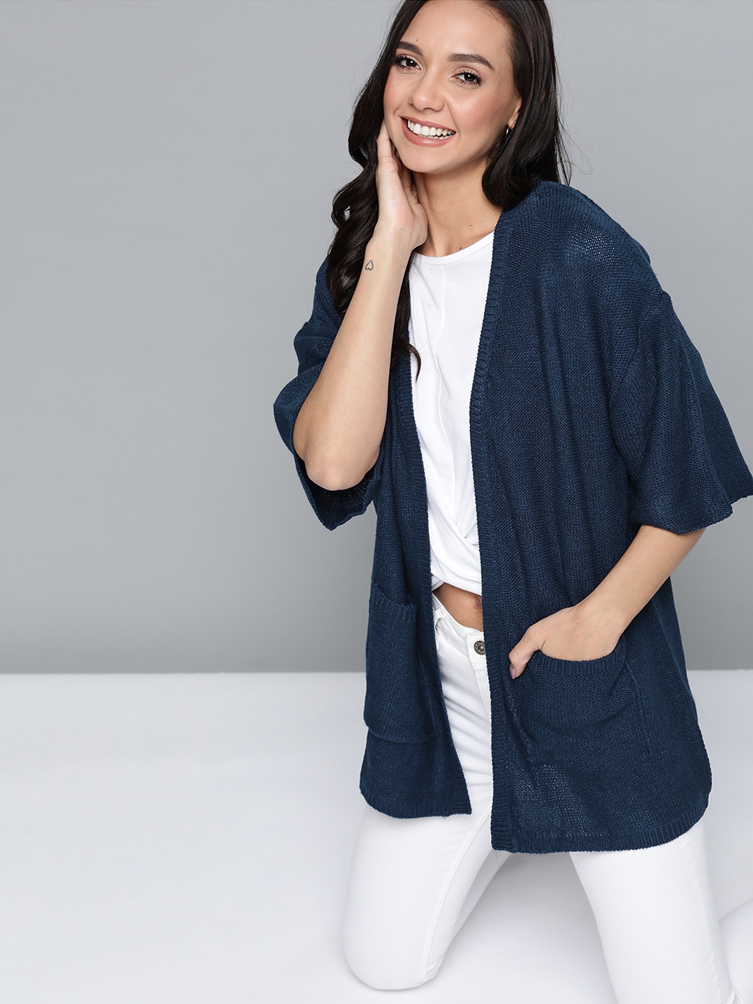 

Mast & Harbour Women Navy Blue Solid Longline Front-Open Sweater