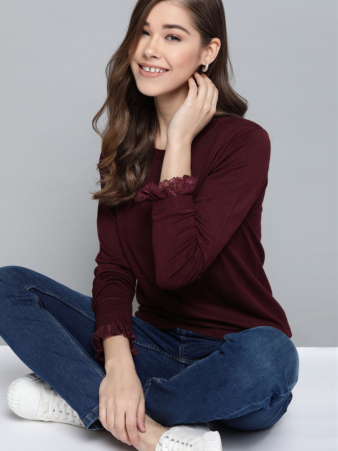 

Mast & Harbour Women Wine Coloured Solid Pullover with Lace Inserts Detail, Burgundy