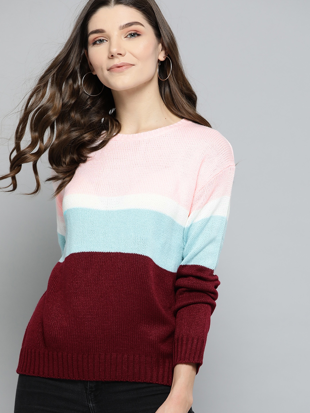 

Mast & Harbour Women Pink & Blue Colourblocked Pullover Sweater