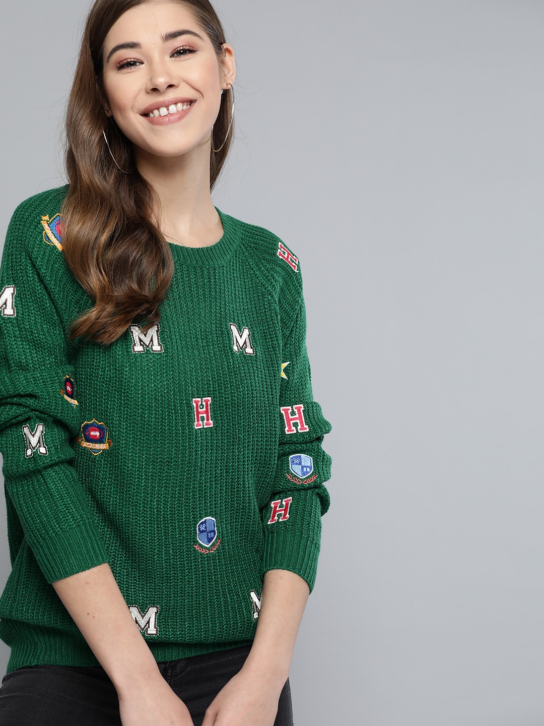 

Mast & Harbour Women Green & White Embroidered Pullover Sweater