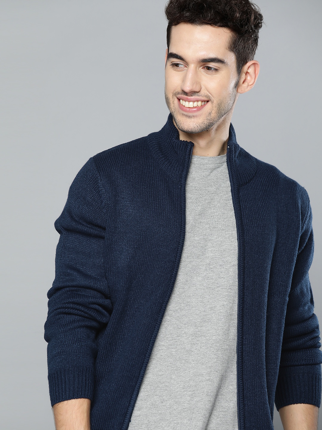 

Mast & Harbour Men Navy Blue Solid Cardigan Sweater