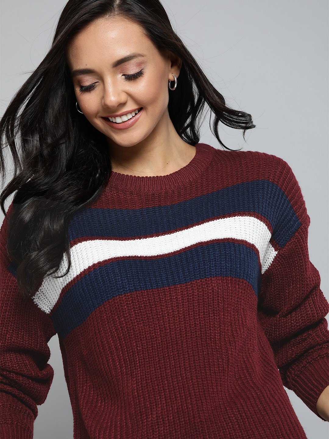 

Mast & Harbour Women Maroon & Navy Blue Striped Pullover Sweater