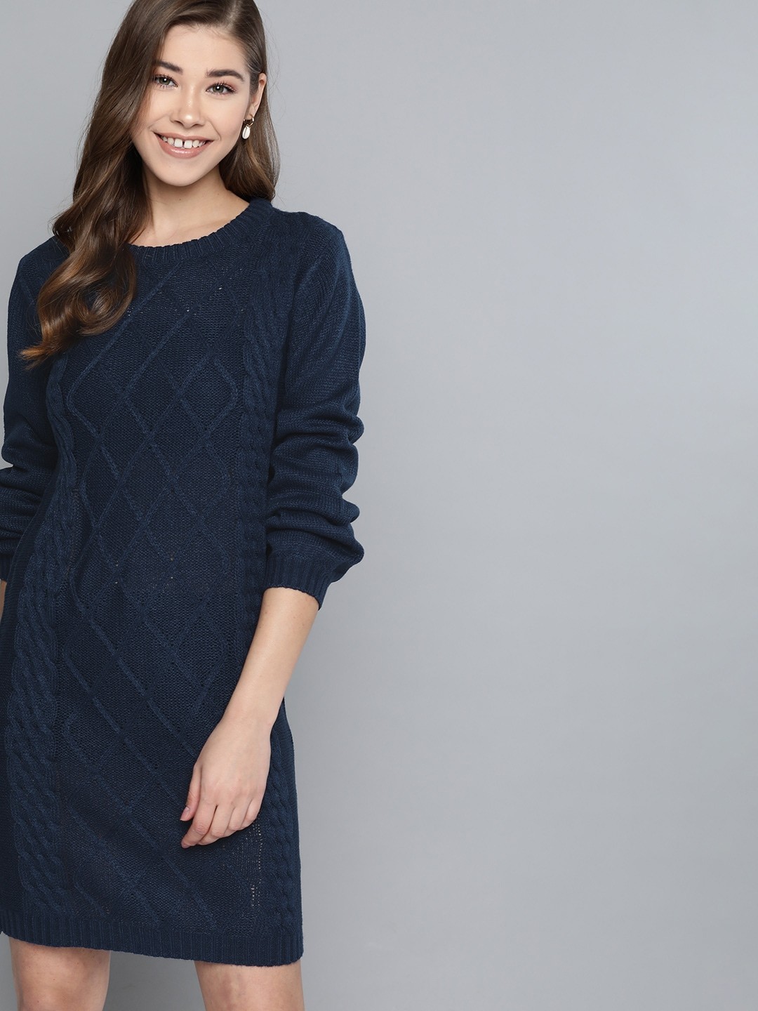

Mast & Harbour Women Navy Blue Cable Knit Winter Sheath Dress