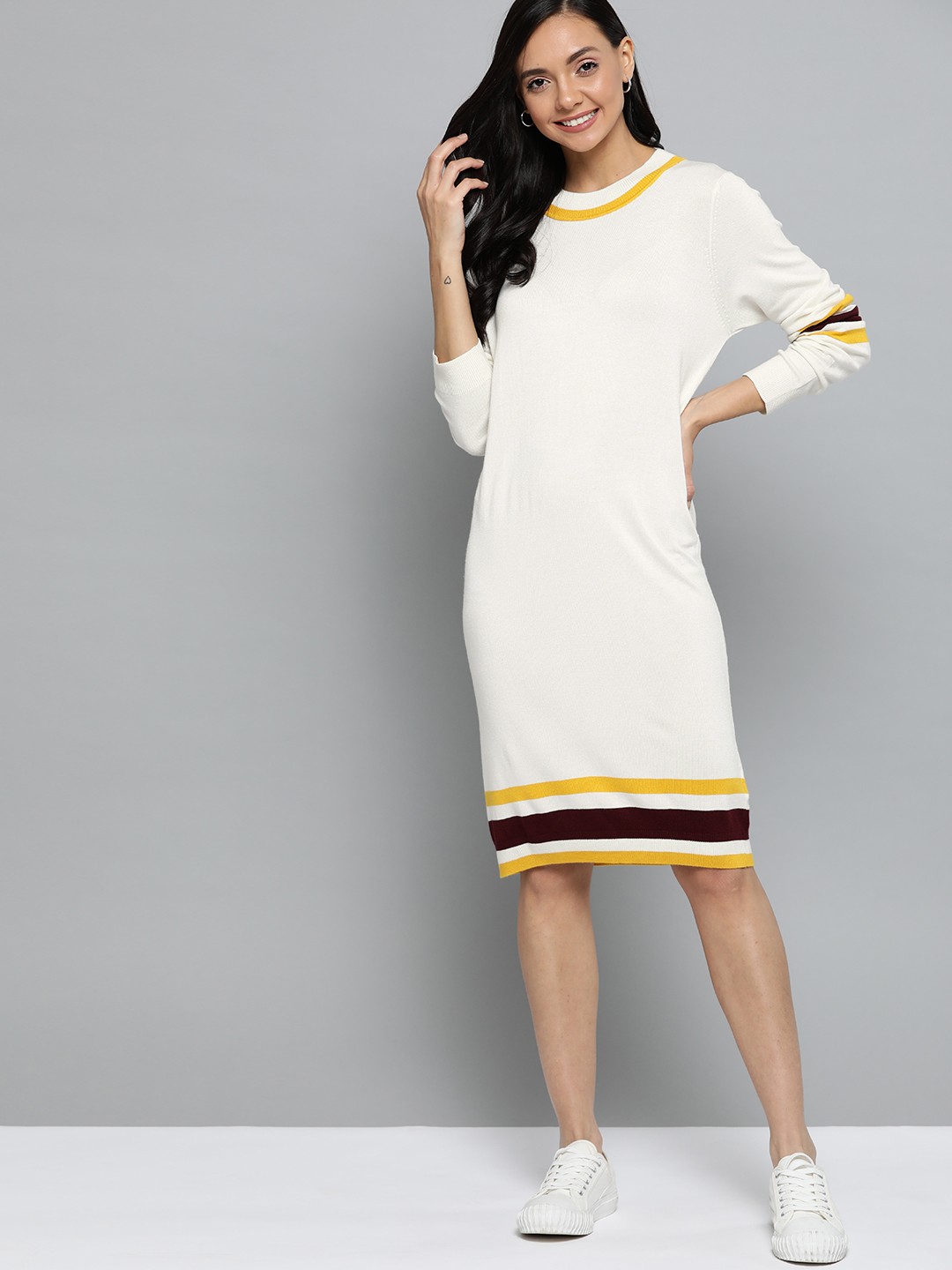 

Mast & Harbour Women Off-White Solid Knit Jumper Dress with Stripes Details