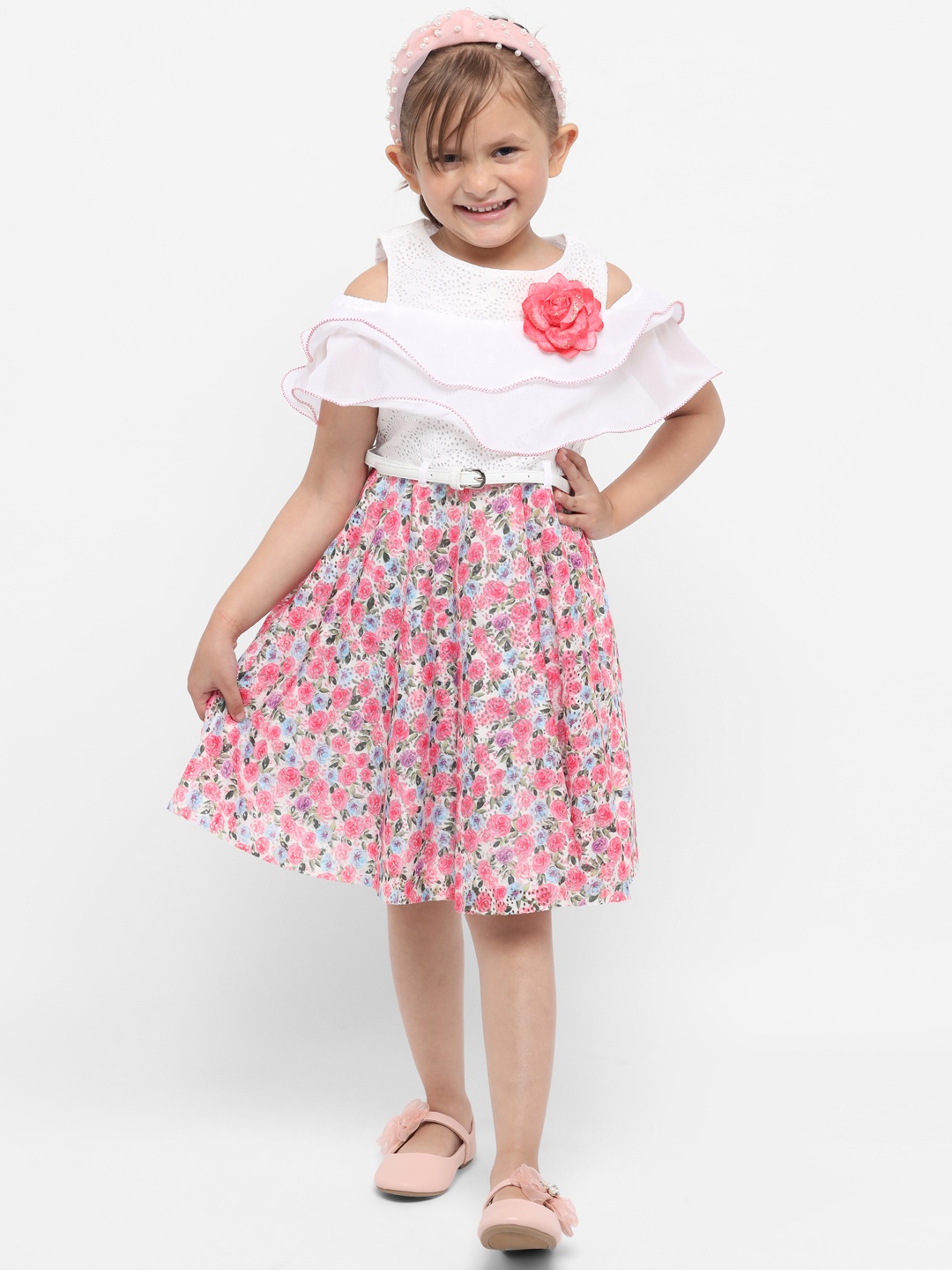 

Nauti Nati Girls White & Pink Floral Print Fit & Flare Dress