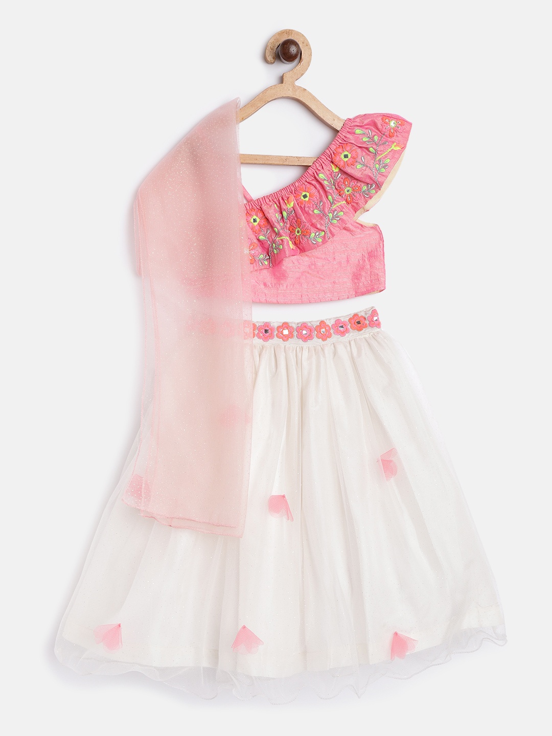 

Nauti Nati Girls White & Pink Ready to Wear Shimmer Net Lehenga & Blouse with Dupatta