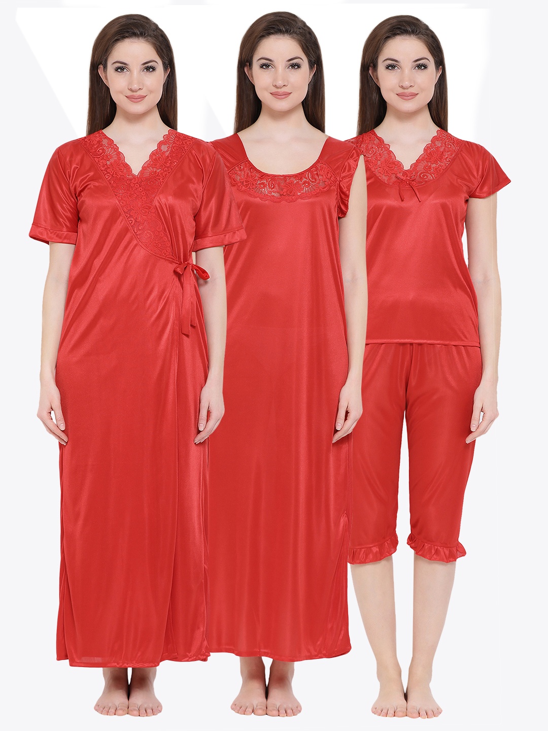 

Clovia Women Pack Of 4 Red Solid Nightdress Set