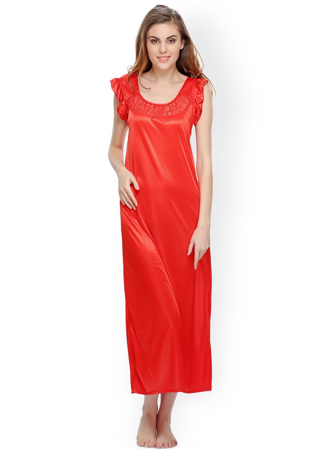 

Clovia Lace Inserts Satin Midi Nightdress, Red