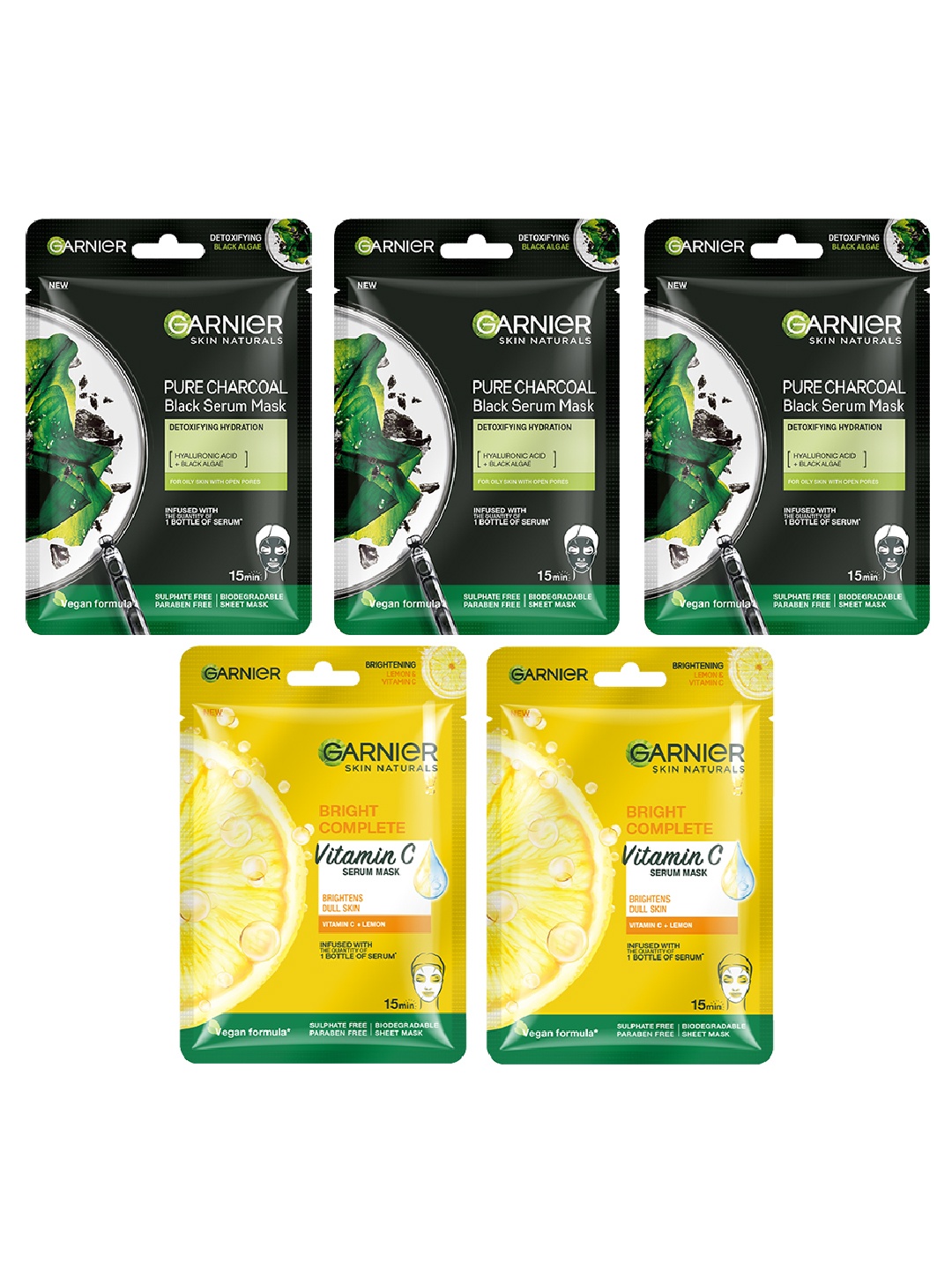 

Garnier Skin Naturals Set of 5 Serum Sheet Masks - 3 Pure Charcoal & 2 Bright Complete, Black