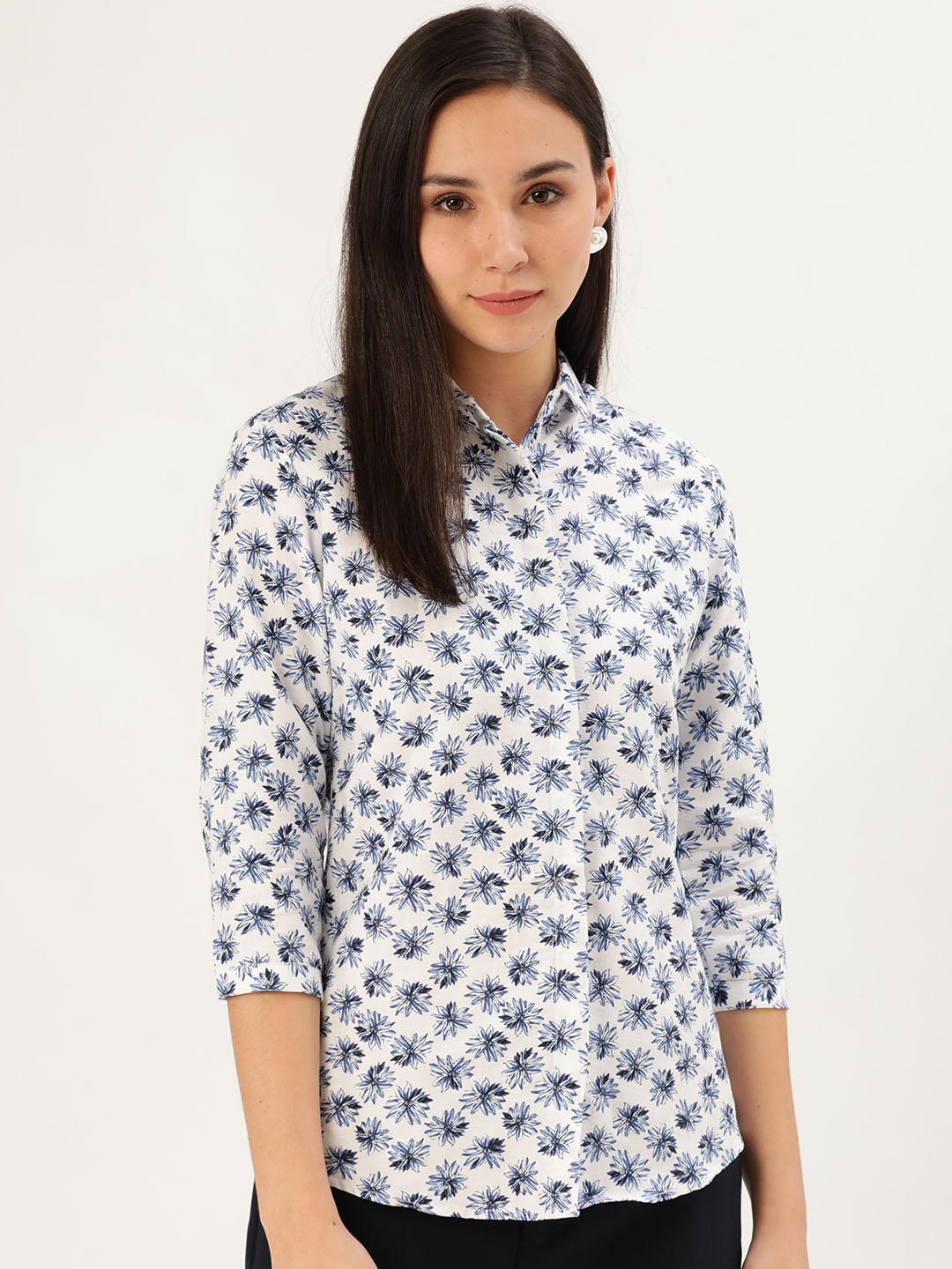 

Hancock Women White & Blue Slim Fit Floral Print Formal Shirt