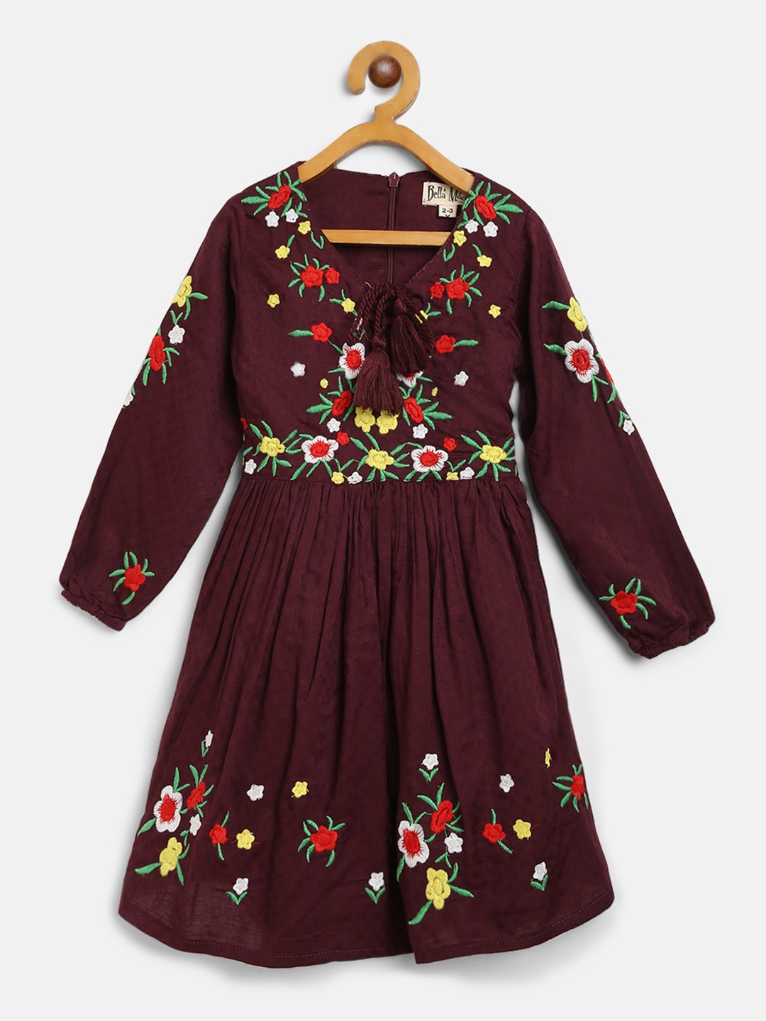 

Bella Moda Girls Burgundy & Green Embroidered Fit and Flare Dress