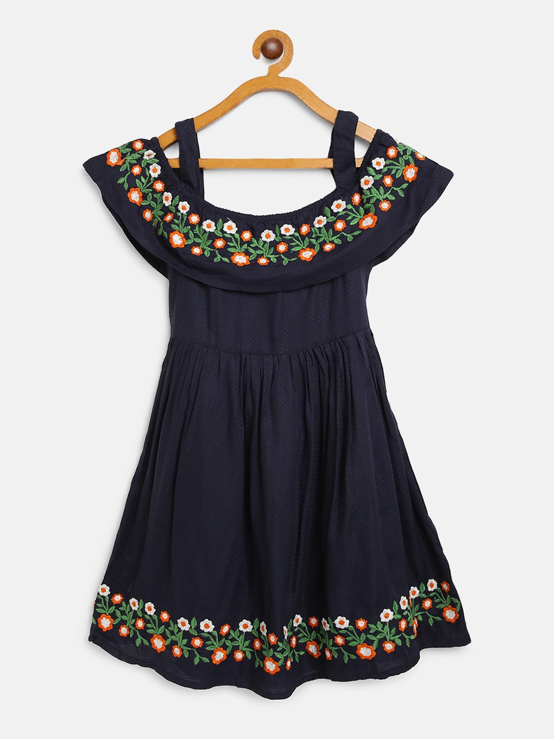 

Bella Moda Girls Navy Blue Self Design A-Line Dress with Embroidered Detail