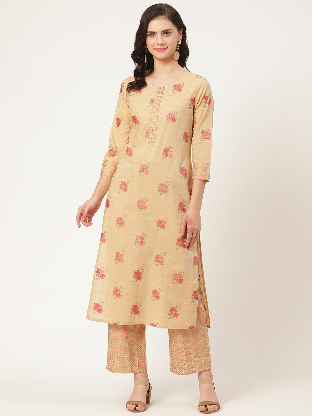 

Prakrti Women Beige & Pink Sequinned Floral Printed Kurta with Trousers