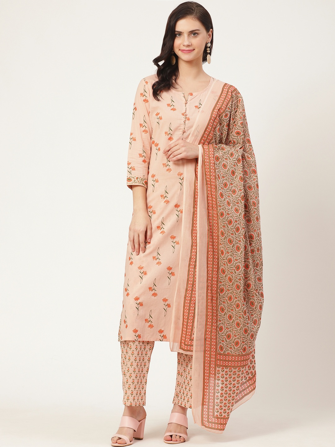 

Prakrti Women Peach-Coloured & Orange Floral Printed Kurta with Trousers & Dupatta